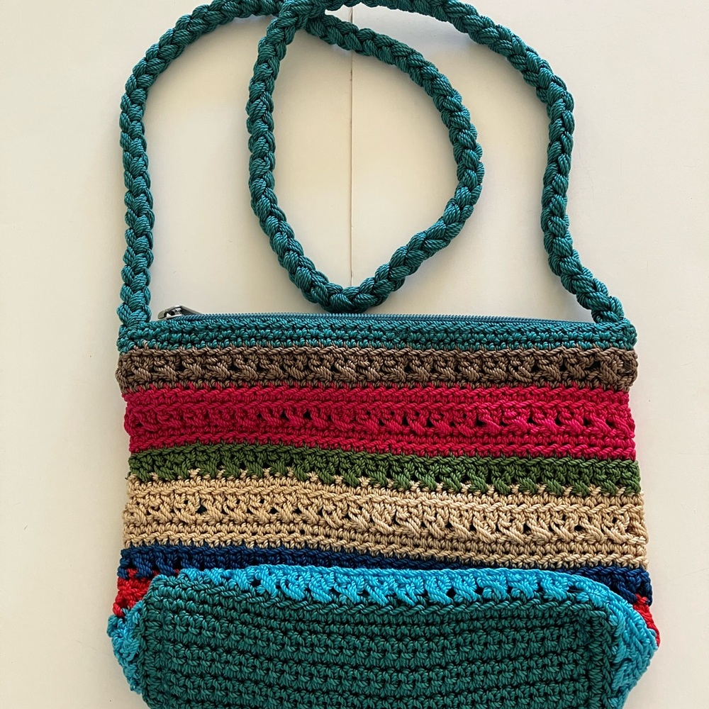 Handcrafted Multicolor Crochet Crossbody Bag - Teal, Red, Green, Tan